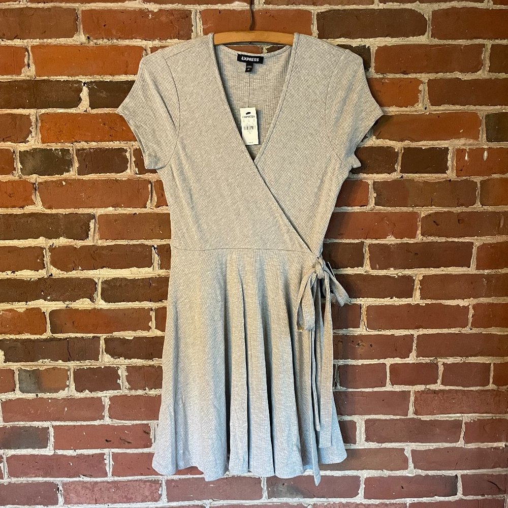Express Ribbed Knit Faux Wrap Dress in Grey, NWT, size Small
